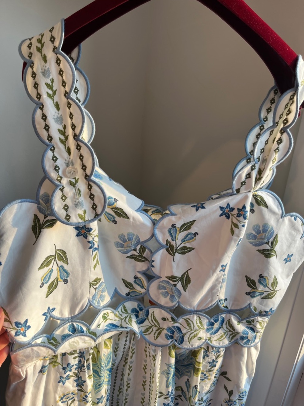 Farm Rio Sleeveless Scallop-Trim Printed Midi Dress w Floral Embroidery NWT GWP - Picture 5 of 7